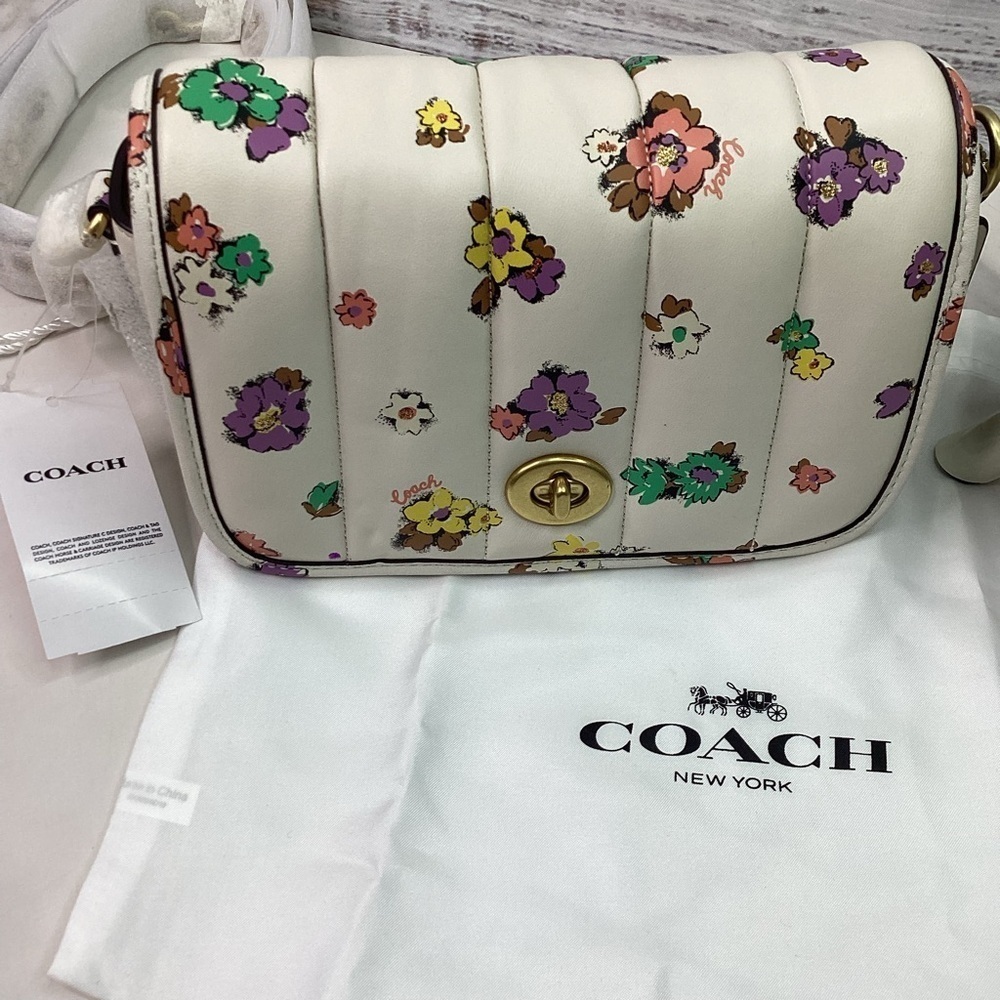 COACH DINKY 18 QUILTING FLORAL‎ BAG NAPPA LEATHER CHALK MULTI PURSE CROSSBODY - Picture 8 of 16